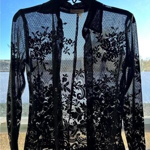 Vintage Filet Crochet Black Sheer Lace Button-Up Blouse
